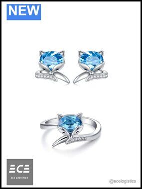 Sterling Silver Fox Stud Earrings Simulated Aquamarine Crystal